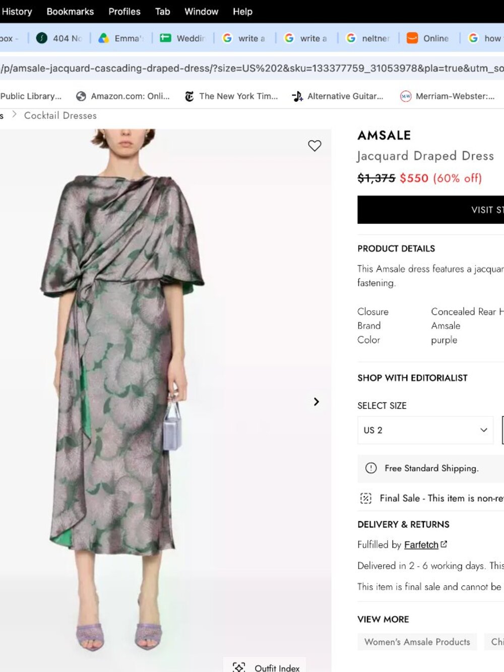 Amsale purple jacquard draped dress size 8